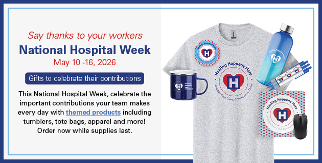 Say thanks to your workers National Hospital Week May 10-16, 2026, with gifts to celebrate their contributions. Themed products include tumblers, tote bags, apparel and more! Order ‘Healing Happens Here’ merchandise at: www.jimcolemanstore.com/nhw/ while supplies last.